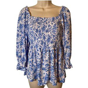 Crown &‎ Ivy Women's Floral Top Size M Blue Smocked Tie Back Coquette Milkmaid